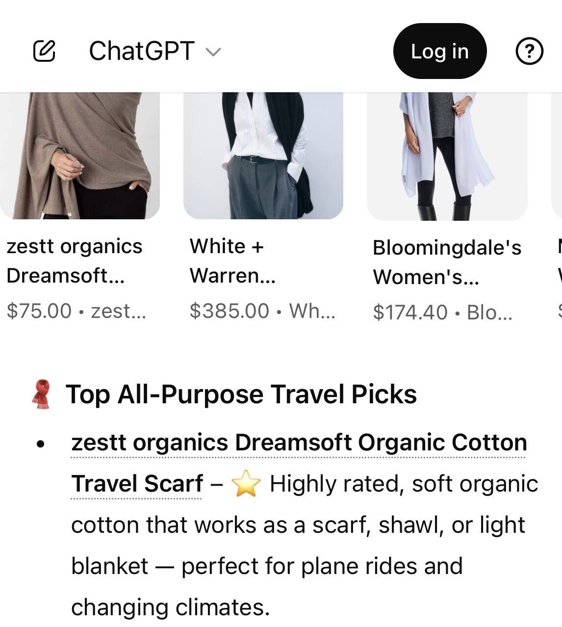 ChatGPT names the Zestt Organics Dreamsoft scarf a top all-purpose travel pick