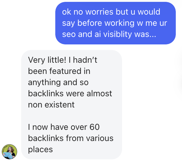Member went from almost no backlinks to over 60 from various places, lifting SEO and AI visibility